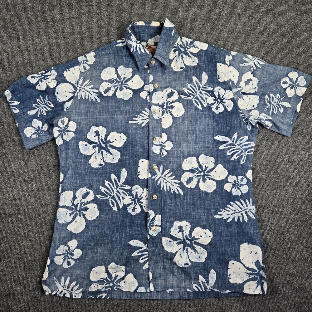 RJC Hawaiian Shirt Mens Large Blue White Hibiscus Floral Aloha Made in Hawaii US